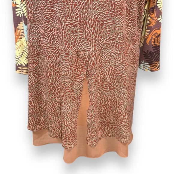 Logo By Lori Goldstein Mixed Print Knit Top Size Large Chiffon Hem Tunic Brown - Picture 7 of 11